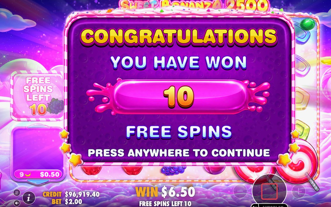 Ten free spins opened by four scatter lollipops